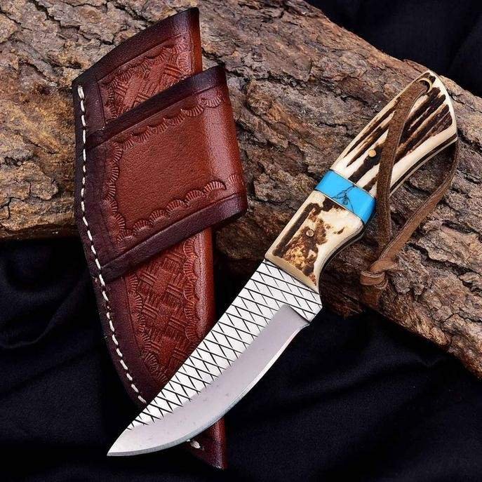 cowboy knife d2 steel 5mm antler turquoise handle angle
