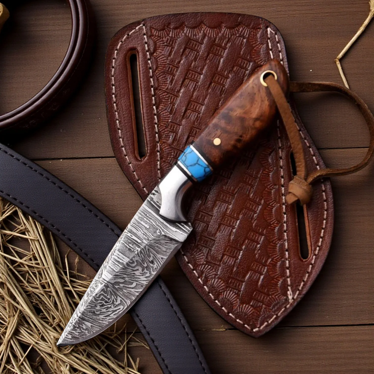 damascus cowboy hunting knife rosewood pancake sheath